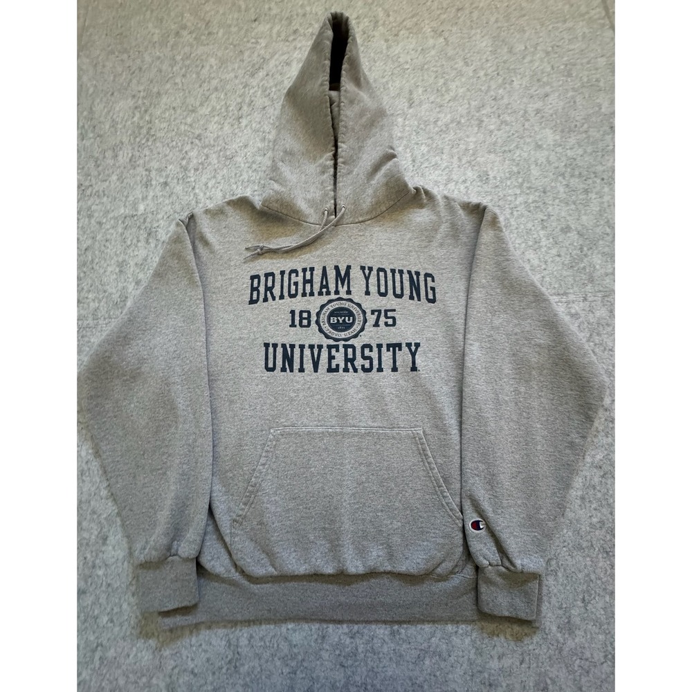 Champion Hoodie Mens XL Gray Brigham Young University BYU Fleece Sweatshirt